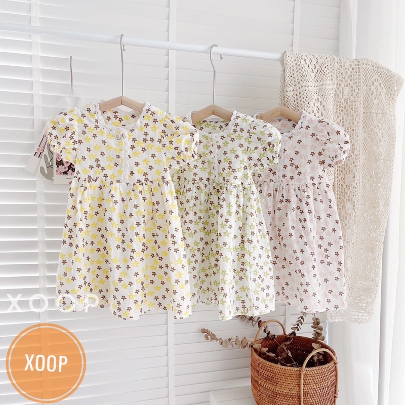 (8-23kg)Váy viền ren cổ hoa nâu cho bé gái