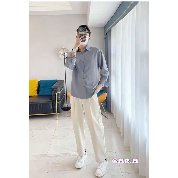 Áo sơ mi lụa chiffon co giãn mịn chống nhăn dáng rộng phong cách Hàn Quốc thời trang unisex