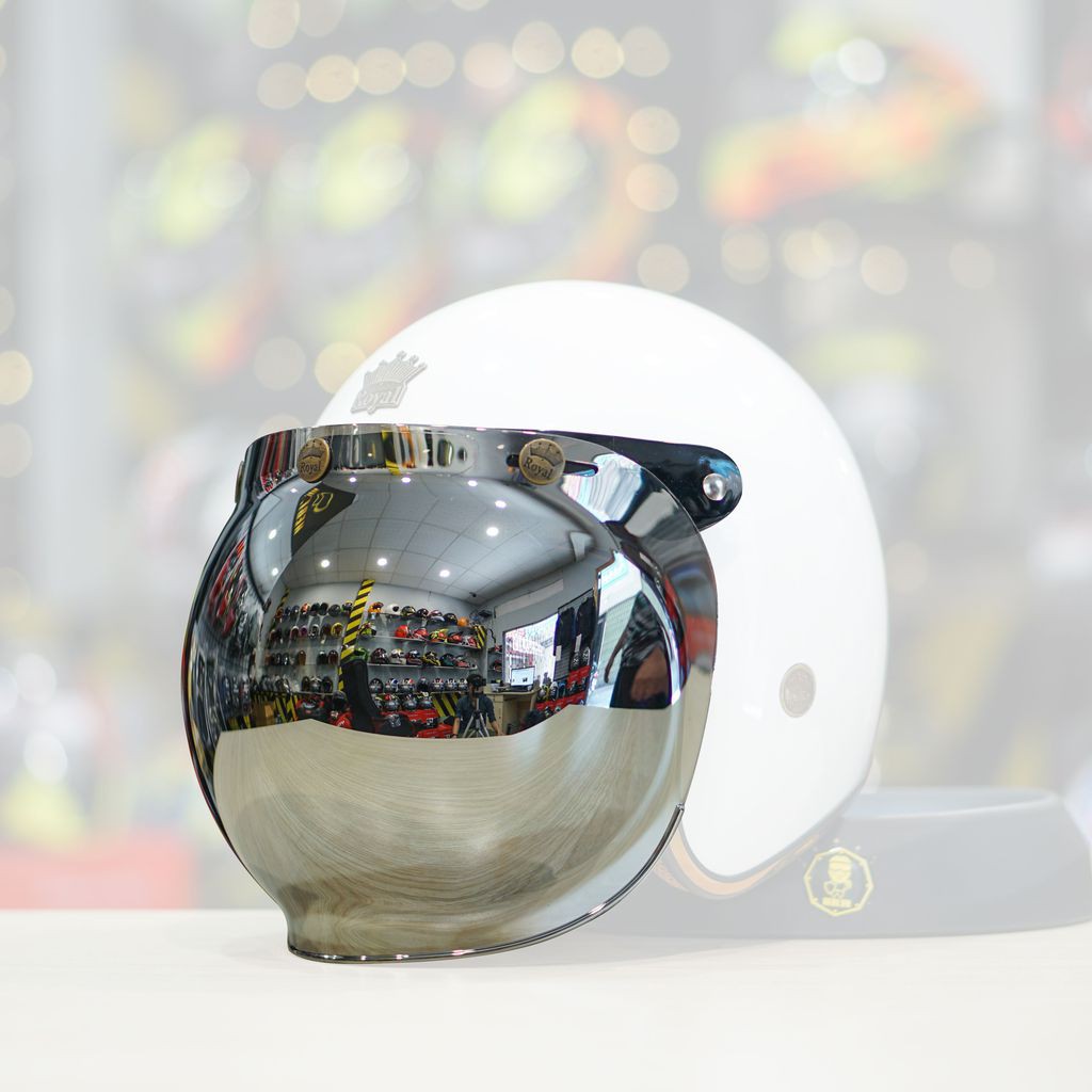 Kính bubble royal gương, kính bo tròn gắn mũ bảo hiểm có 3 khuy bấm