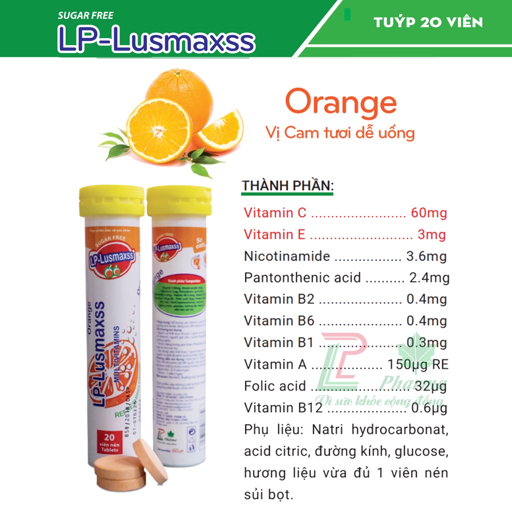 Viên Sủi tăng sức đề kháng LP-Lusmaxss vị cam - Bổ sung vitamin và khoáng chất, tăng cường miễn dịch - Tuýp 20 viên