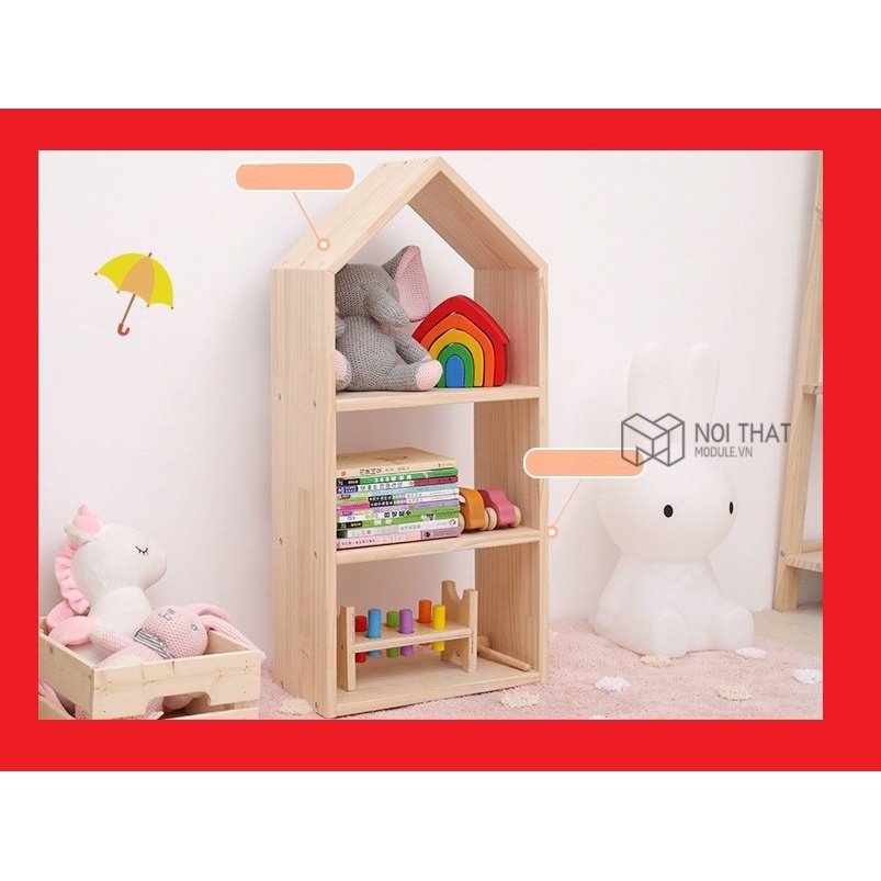 Kệ đựng sách, đựng đồ chơi montessori hình mái nhà chất lieeuh gỗ thông nhập khẩu