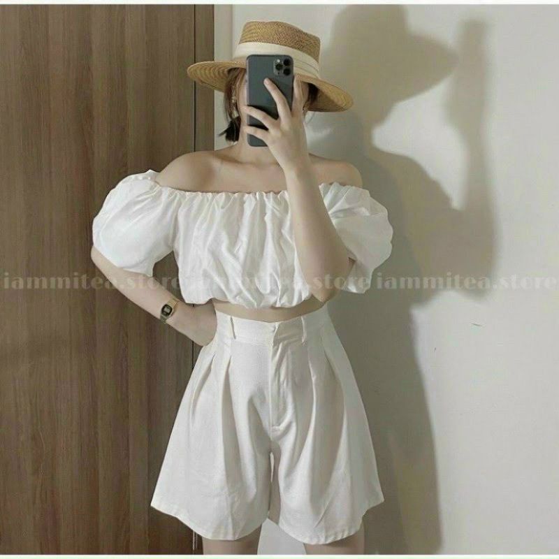 Áo trễ vai croptop tay bồng 2 lớp - Áo tiểu thư kiểu bí ngô mã A20