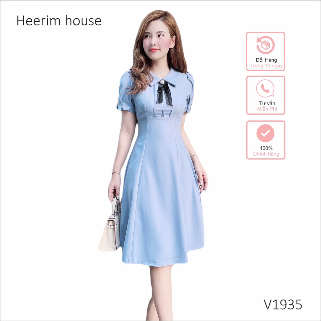 Váy xanh dáng xòe thắt nơ mẫu thiết kế V1935 phù hợp mặc công sở đi dự tiệc, đám cưới, đi cafe chủ nhật Dịu dàng Heerim