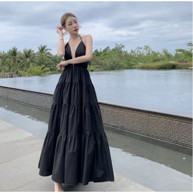 Đầm Maxi hai dây hở lưng xòe đi biển màu đen HDC91 Hỉn Hỉn Store