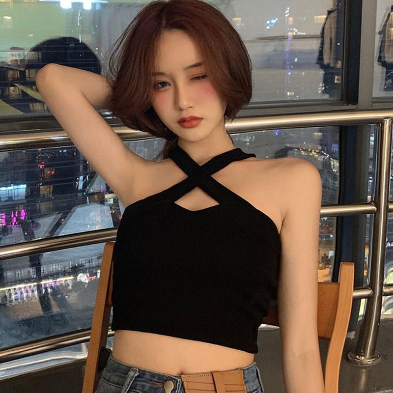 Áo croptop cổ yếm phong cách Hàn Quốc màu trơn cho phái nữ