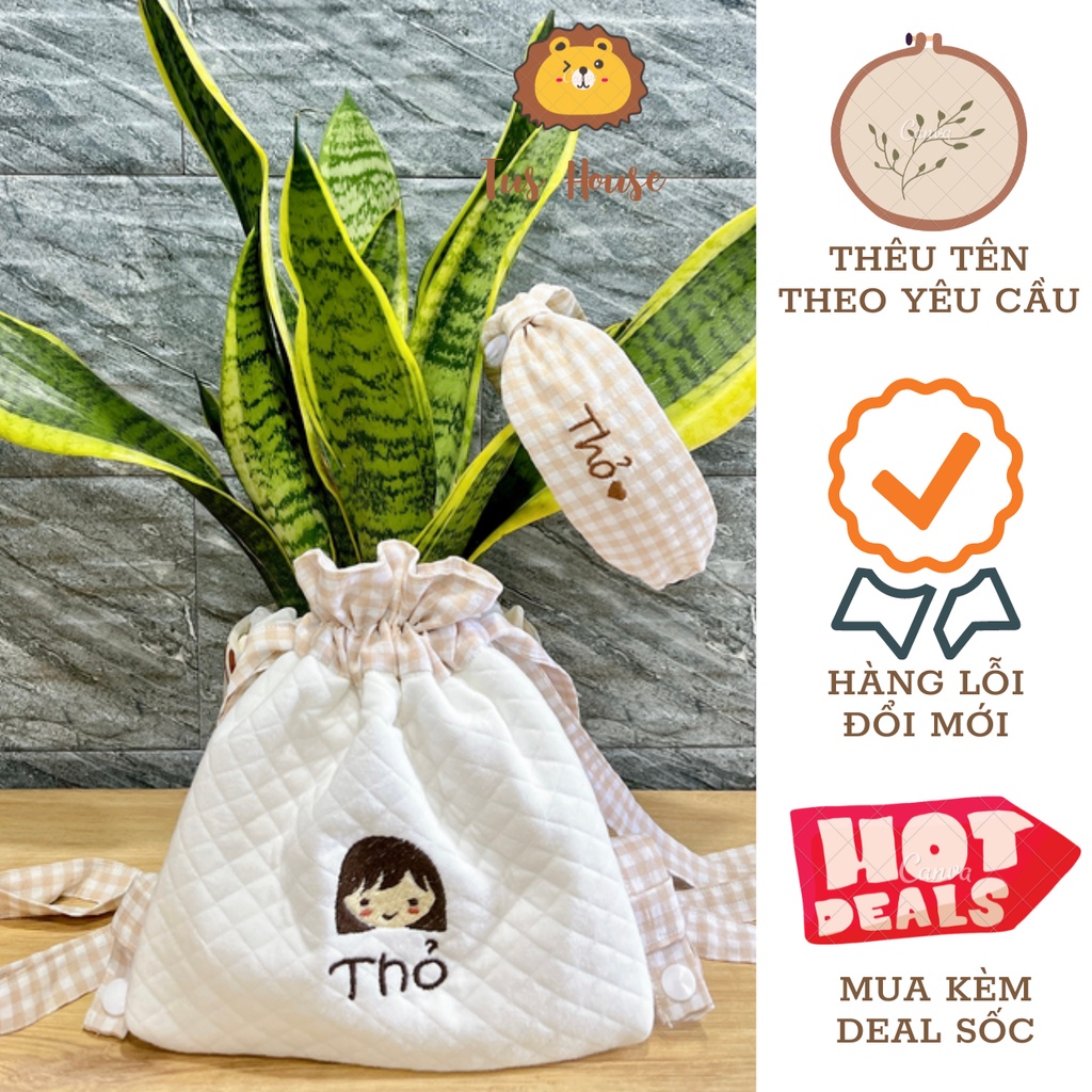 Balo Mini Handmade Thêu Tên Cho Bé Chất Liệu Cotton Chần Bông Màu Trắng Vintage Style Hàn Quốc