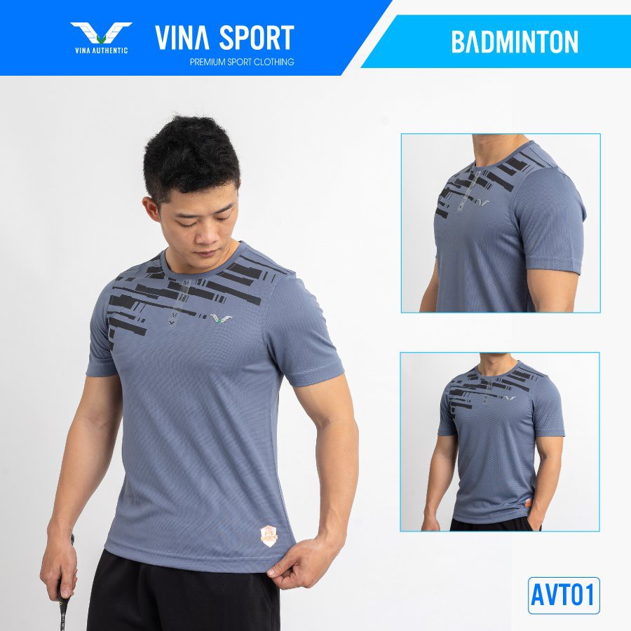 Áo Thể Thao Nam Cổ Tròn AVT01 Vina Sport, Áo Tập Gym Tennis , Chất Thun Thấm Hút Mồ Hôi, Thoáng Mát, Full Size- Lapi VN