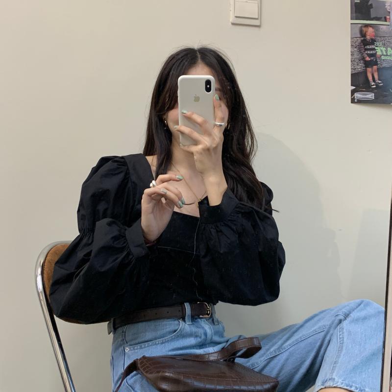 Áo Sơ Mi Cổ Vuông Tay Bồng Thắt Dây Phong Cách Thời Trang Hàn Quốc Mới