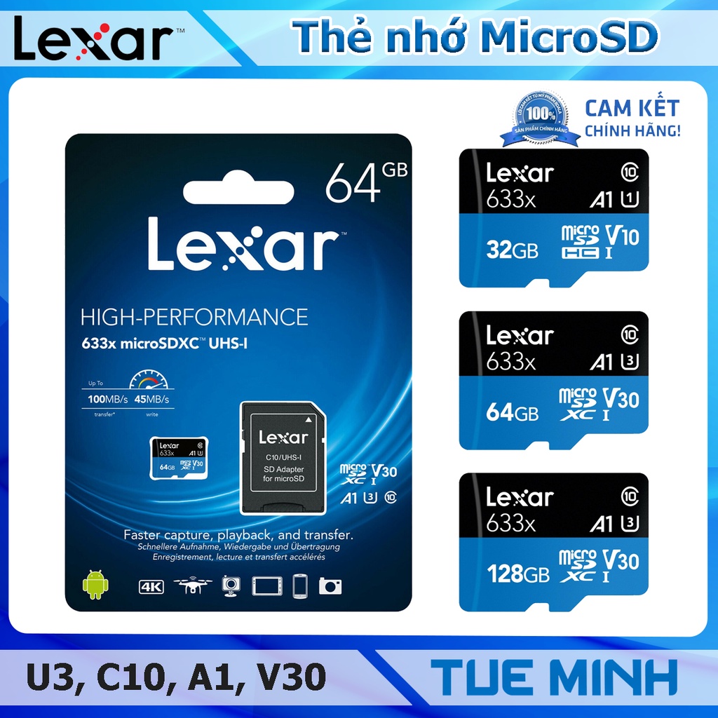 Thẻ nhớ Micro SD Lexar - SDXC UHS-I High Performance 633x 100MB/s U3 4K TF Memory Card