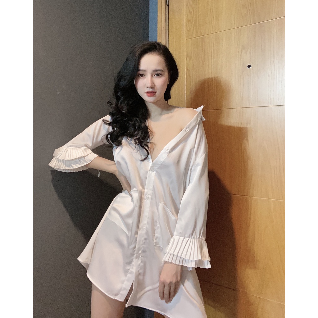 Đầm ngủ lụa latin bigsize, váy sơ mi mặc nhà MS2111