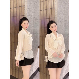 Set gile len sơ mi voan buộc nơ