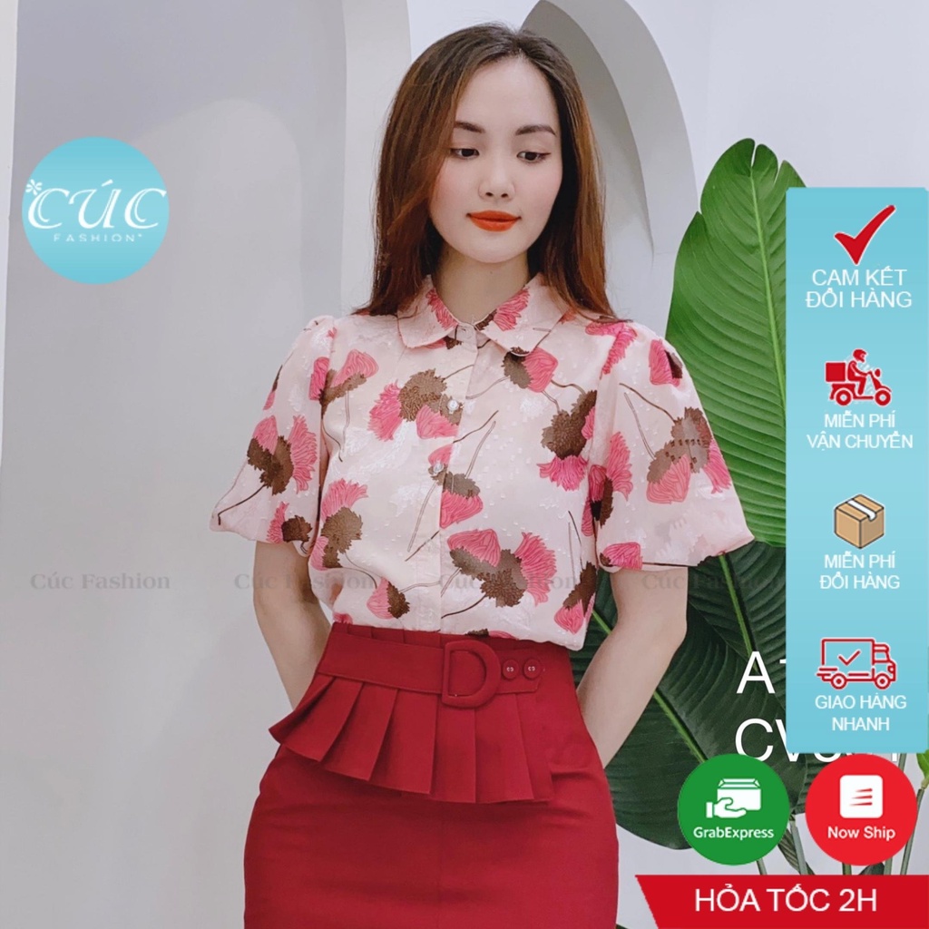 Áo sơ mi nữ CÚC FASHION somi tay ngắn cao cấp lụa đẹp kiểu họa tiết hoa đỏ vàng xanh công sở áo tơ ép hoa cổ sen A1109