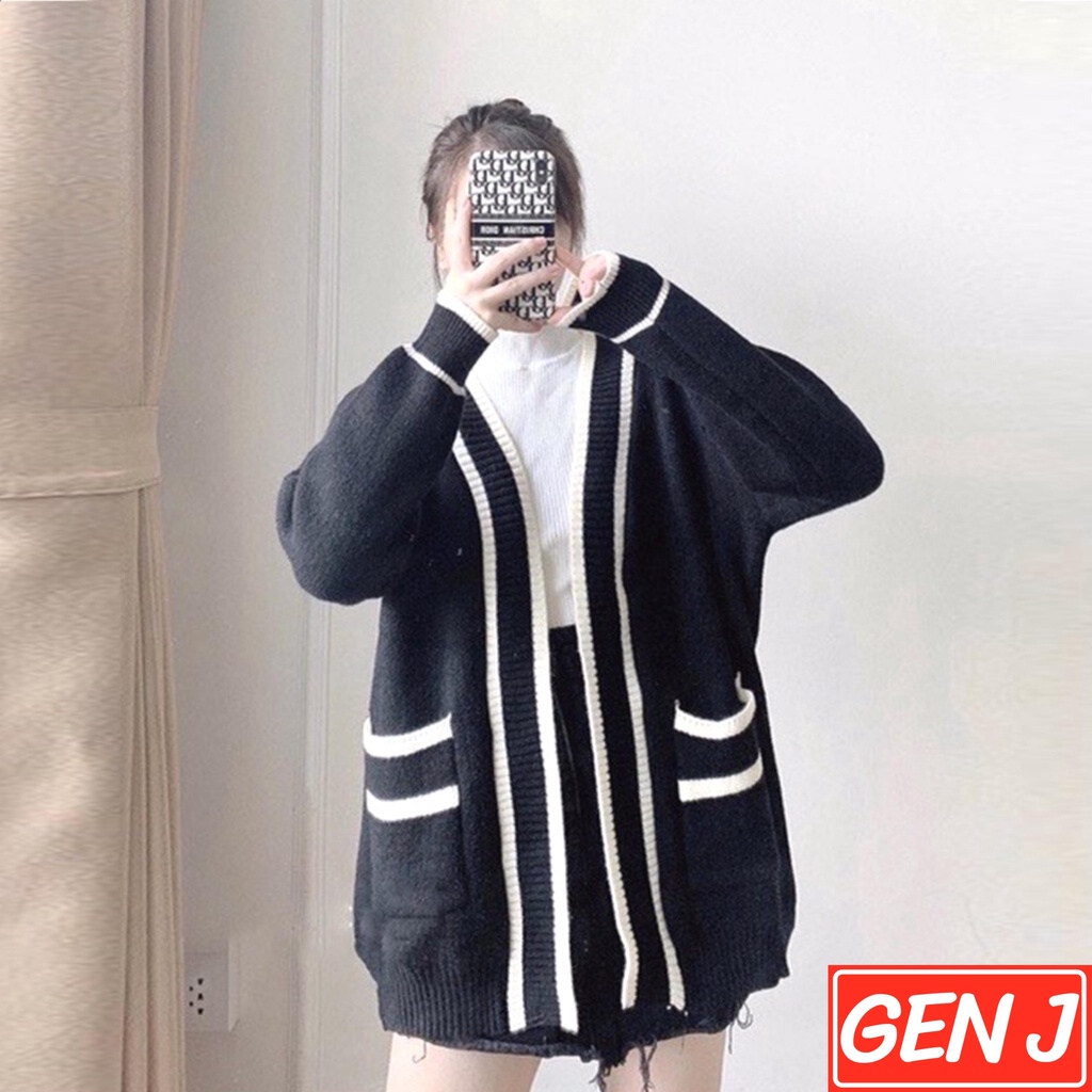 Áo cadigan len trơn nữ form rộng thiết kế viền siêu xinh - Gen J