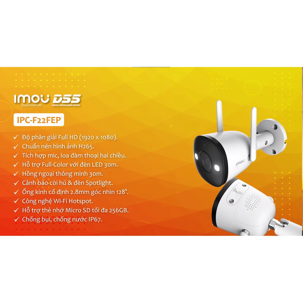 Camera WIFI IMOU ngoài trời F22FEP (có màu ban đêm + còi, đèn báo động) - Hàng chính hãng