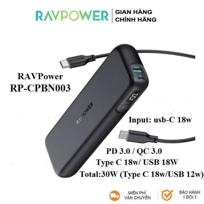 Pin Sạc dự phòng RAVPower 15000mAh PD 30w RP-CPBN003 cho iPhone iPad IP 8 Plus 10 11 12 Pro max x xs samsung Oppo