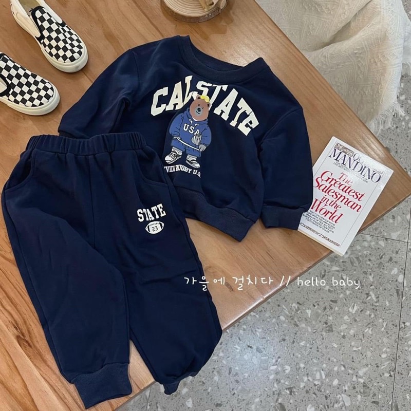 Bộ da cá cổ tròn gấu USA cho bé