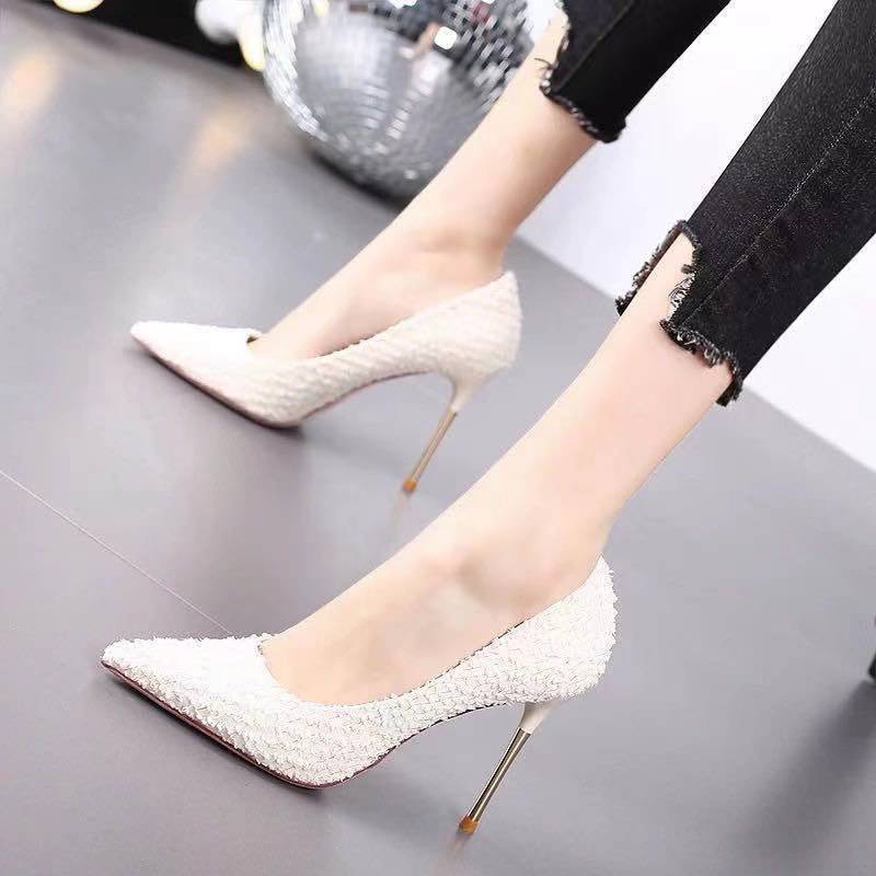 Giày cao gót mũi nhọn màu sáng thời trang thường ngày cho nữ
