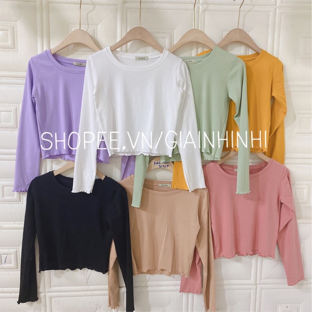Áo thun Croptop cổ tròn vải co dãn mạnh, Áo phông cổ tròn dài tay dáng ngắn AT1076 - NhiNhiShop | BigBuy360 - bigbuy360.vn
