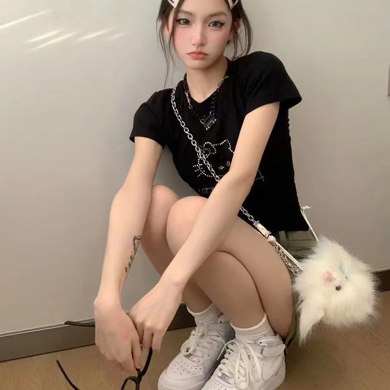 Áo Croptop Tay Ngắn In Hình Hello Kitty Đính Đá Dễ Thương Thời Trang Mùa Hè Cho Nữ y2k 1913Lab y2k