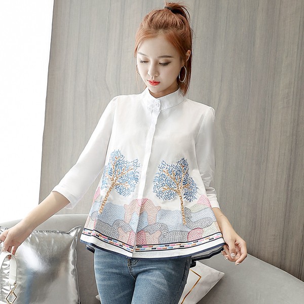 Women Embroidery Blouses Summer 3/4 Sleeve White Plus Size Doll Shirts | BigBuy360 - bigbuy360.vn