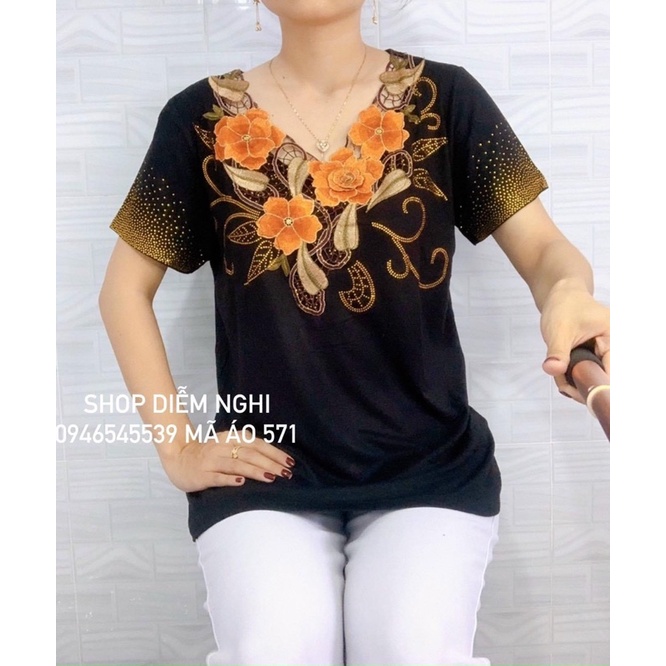 Áo Thun Nữ Trung Niên Thời Trang Đính Đá Thêu Hoa Phối Ren Xinh Sang mặc mát mùa hè đi tiệc đi chơi đều hợp