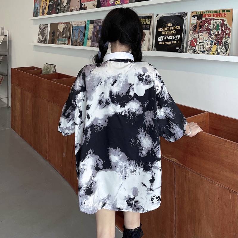 Áo sơ mi tay ngắn dáng rộng màu nhuộm thời trang hàn quốc cổ điển cho nữ