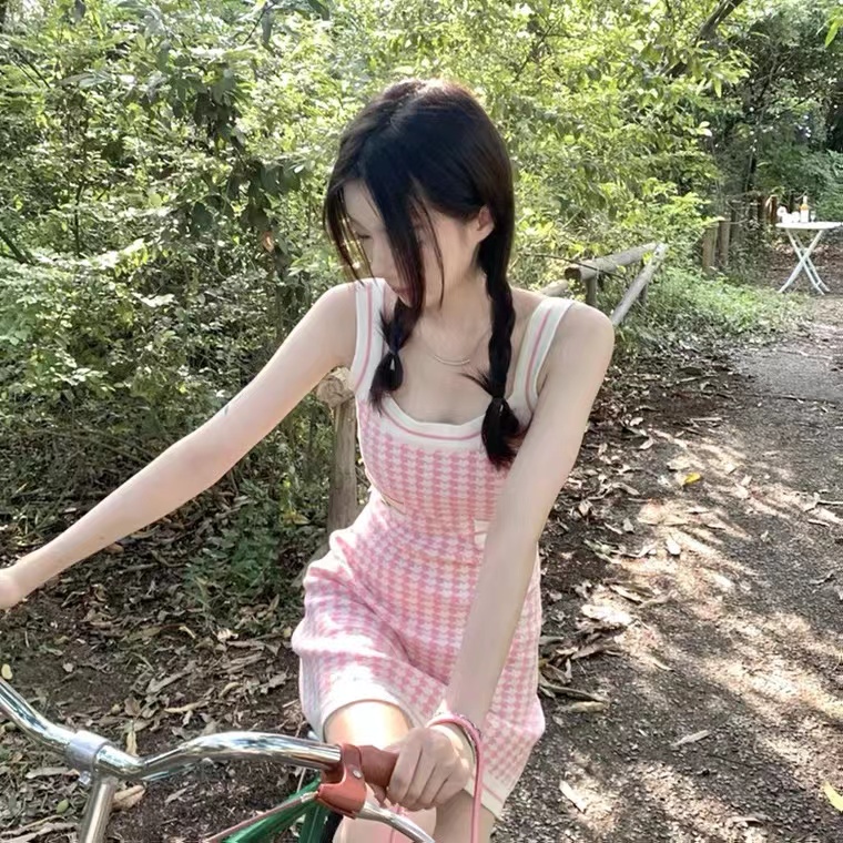 LA MEI Đầm Ngắn Hai Dây Dệt Kim Màu Hồng Thời Trang Phong Cách Hàn Quốc Dành Cho Nữ 8006