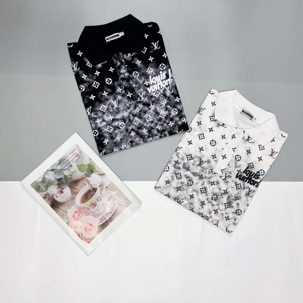 Áo thun nam cổ trụ, ngắn tay, chất cotton thời trang, in họa tiết LV phối loang màu cực Hot