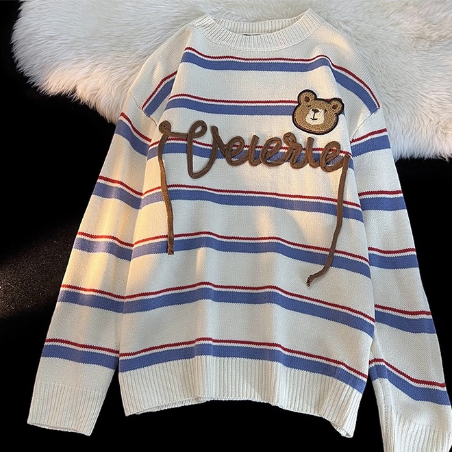 ZHELIHANGFEI Áo Sweater Tay Dài Cổ Tròn Kẻ Sọc Dễ Thương Xinh Xắn