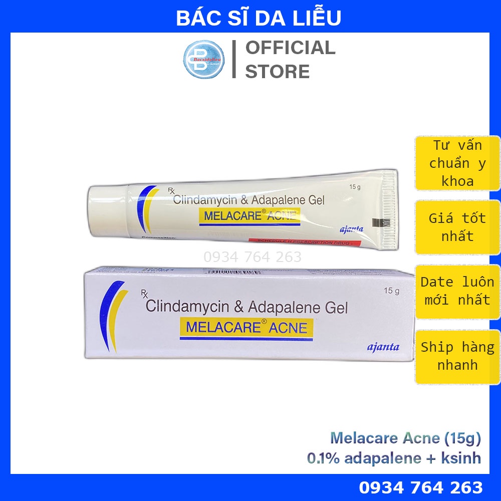 Melacare Acne gel (15g) 0.1% Adapalene &amp; Clin.da.my.ci, kem loại bỏ mụn