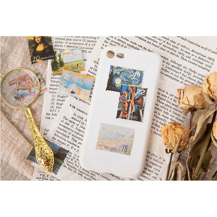 Hộp 45 miếng sticker mẫu tem hình các bức tranh