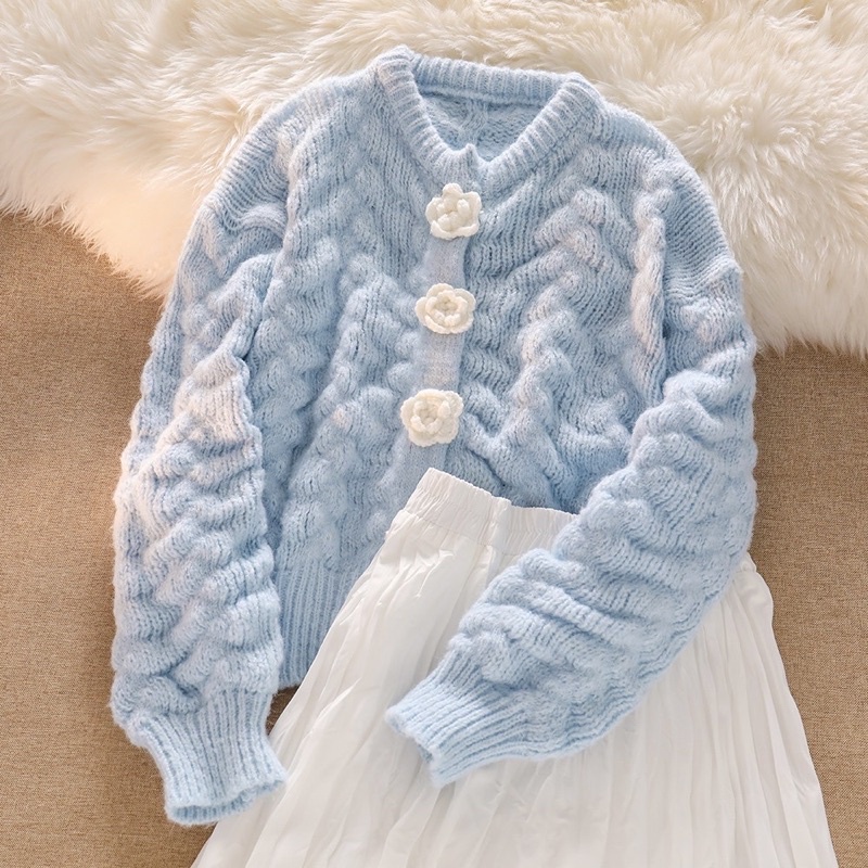 ÁO CARDIGAN LEN THỪNG NỔI KHUY HOA HỒNG