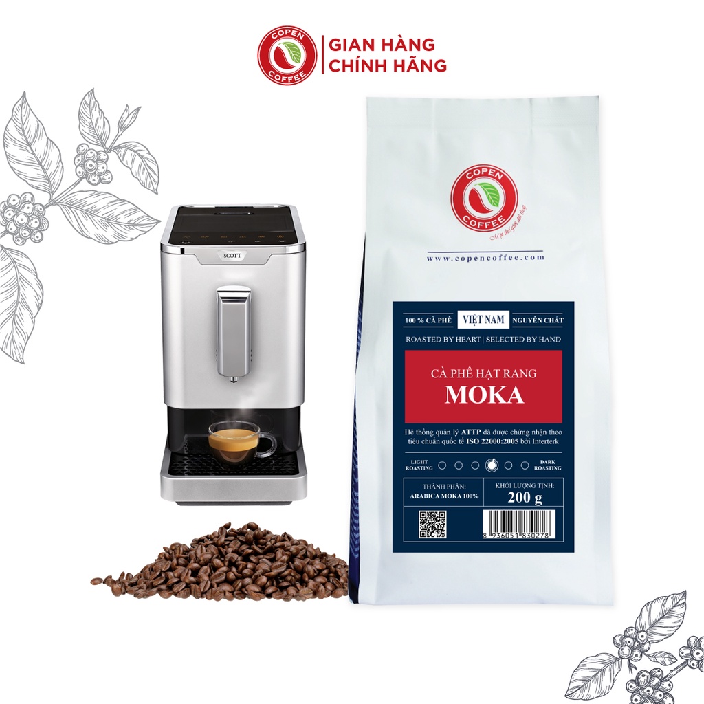 Cà phê hạt Moka Copen Coffee túi 200g (Nguyên Hạt Rang Mộc) đắng nhẹ, xen lẫn vị chua và ngọt, thơm dịu