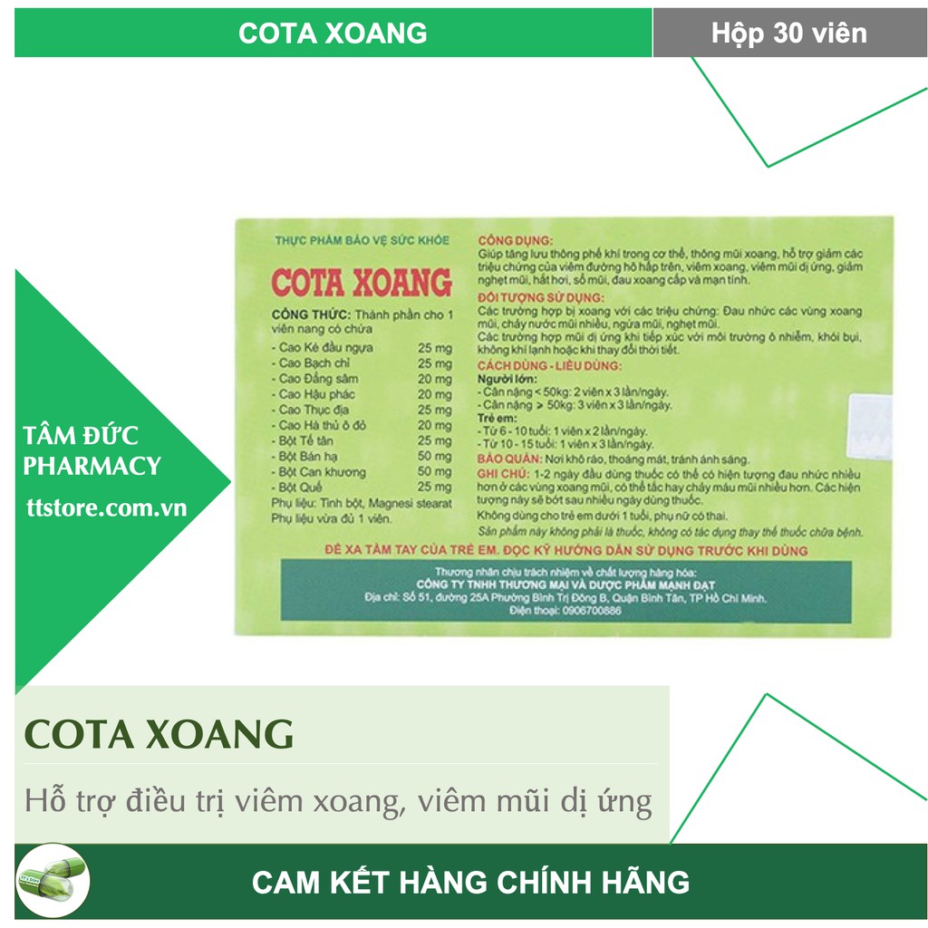 COTA XOANG [Hộp 30 viên] - Hỗ trợ viêm mũi dị ứng [Xoang Bách Phục / Thông xoang tán]