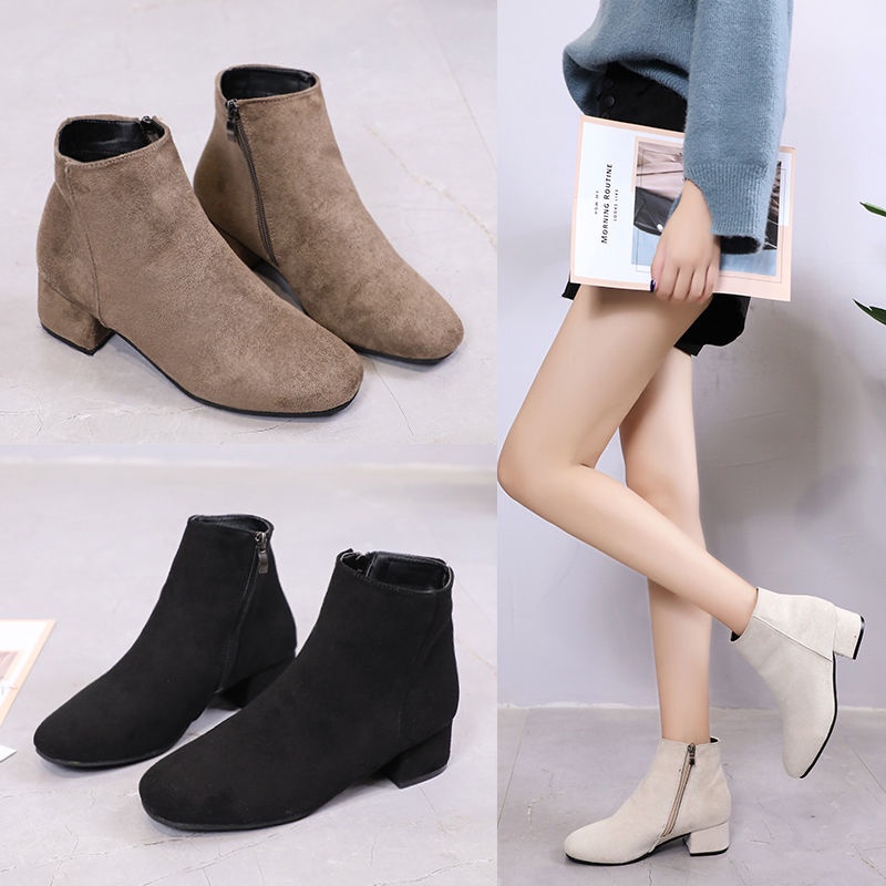 Giày Bốt Martin Cổ Thấp Đế Bằng Vải Nhung Kiểu Anh Thời Trang Xuân Thu Cho Nữ