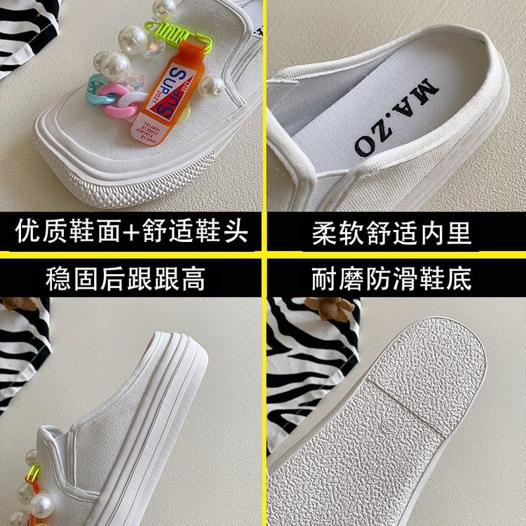 [ Mã 66CBSALE giảm 30K đơn 200K] Dép Vải Canvas Đế Bằng Mũi Vuông Đính Ngọc Trai Xinh Xắn | BigBuy360 - bigbuy360.vn