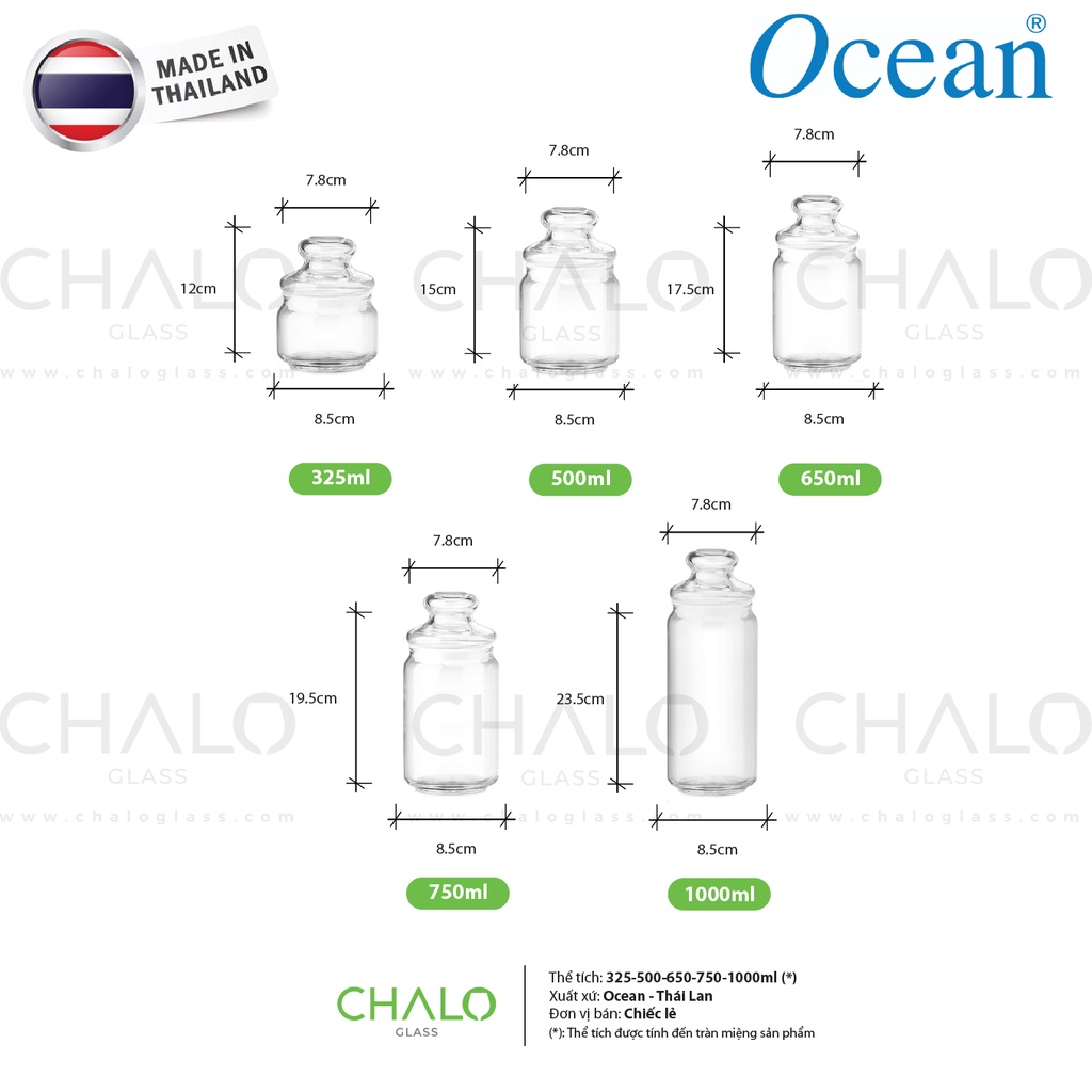 Lọ thủy tinh nắp thuỷ tinh Ocean Pop Jar đủ cỡ 325-500-650-750-1000ml