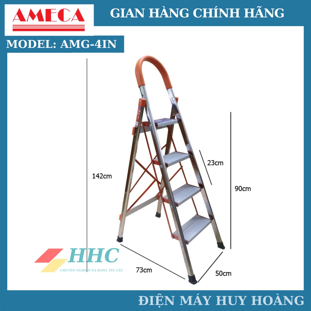 Thang nhôm xếp, thang ghế inox tay vịn 4 bậc Ameca AMG-4IN