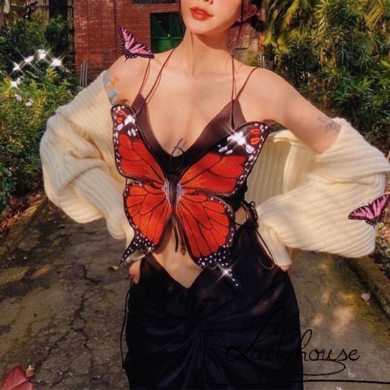 Ld-bộ Áo Hai Dây Cổ Chữ V Hở Lưng Không Tay + Quần Hình Bướm Trang Trí Mùa Hè Cho Nữ