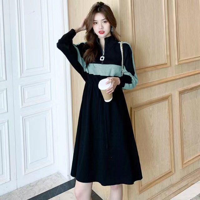 Fashion Stitching Long-sleeved Dress Women Slim A-line Mid Length Skirt