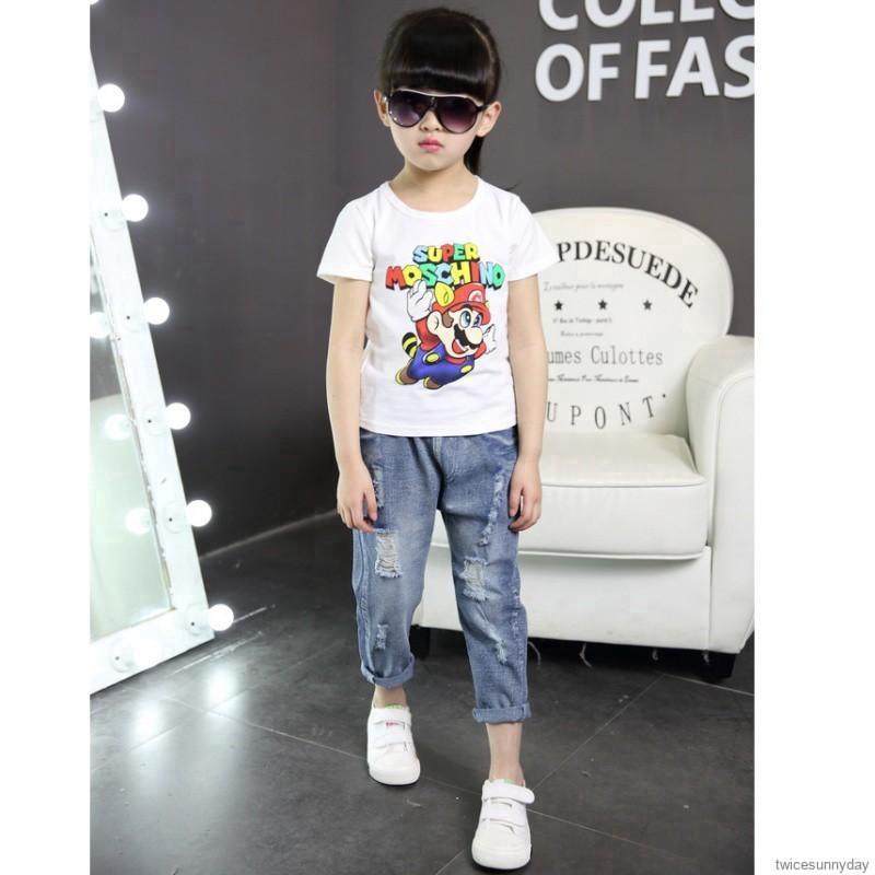 Quần jean dài phối vết rách thời trang cho bé gái