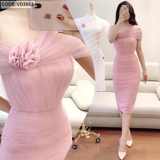 Đầm Lưới Body Trễ Vai Kết Hoa Màu Hồng Freesize Cho Các Chị Từ 40 Đến 55kg