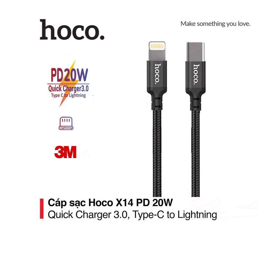 Cáp sạc Hoco X.14 Type-C sang Lightning chuẩn sạc nhanh 20W cho iPhone chiều dài dây 3M