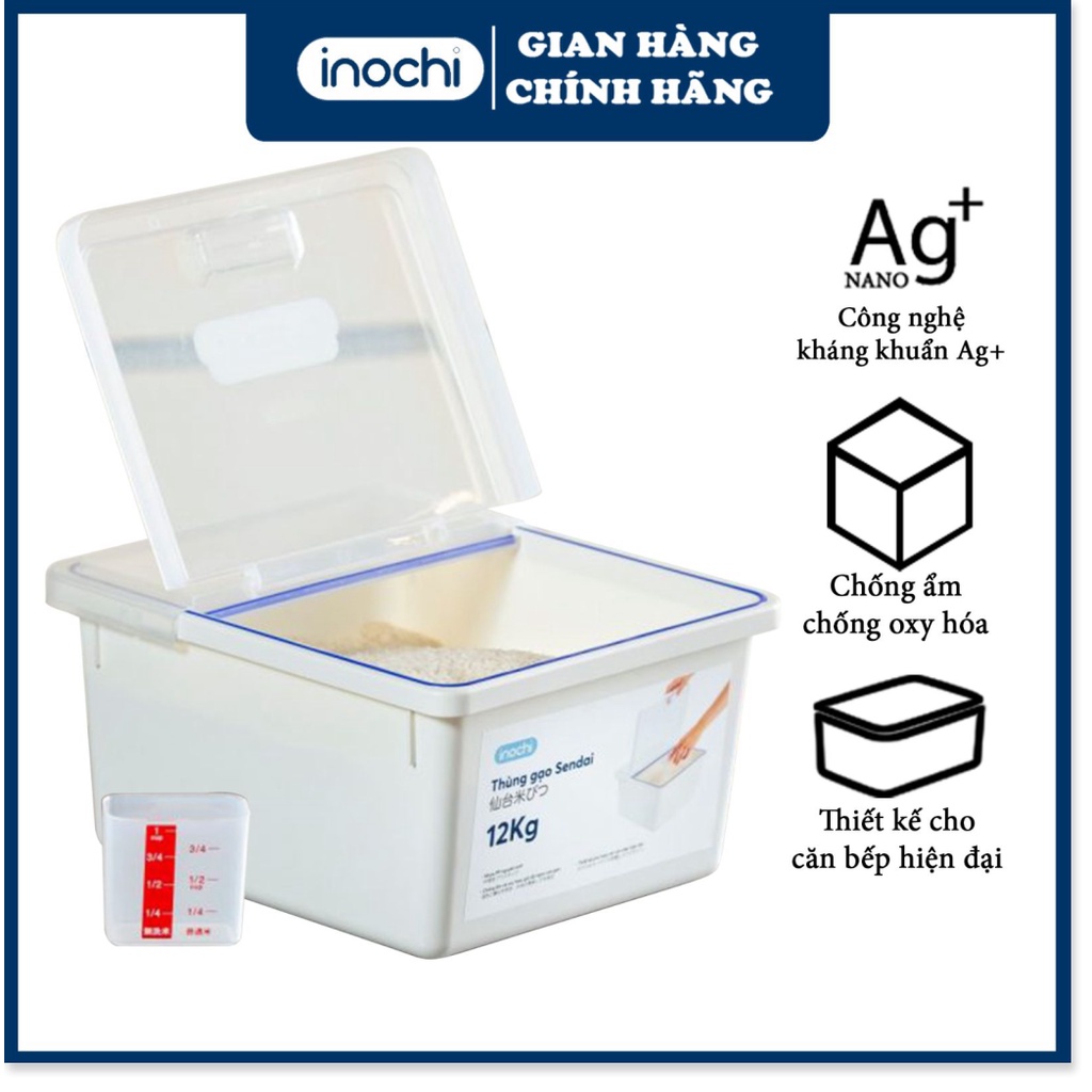 Thùng đựng gạo đa năng - Sendai - INOCHI 12 KG - Nhựa Kín Kháng Khuẩn - Chống Ẩm - Thông Minh Đạt Tiêu Chuẩn Nhật Bản