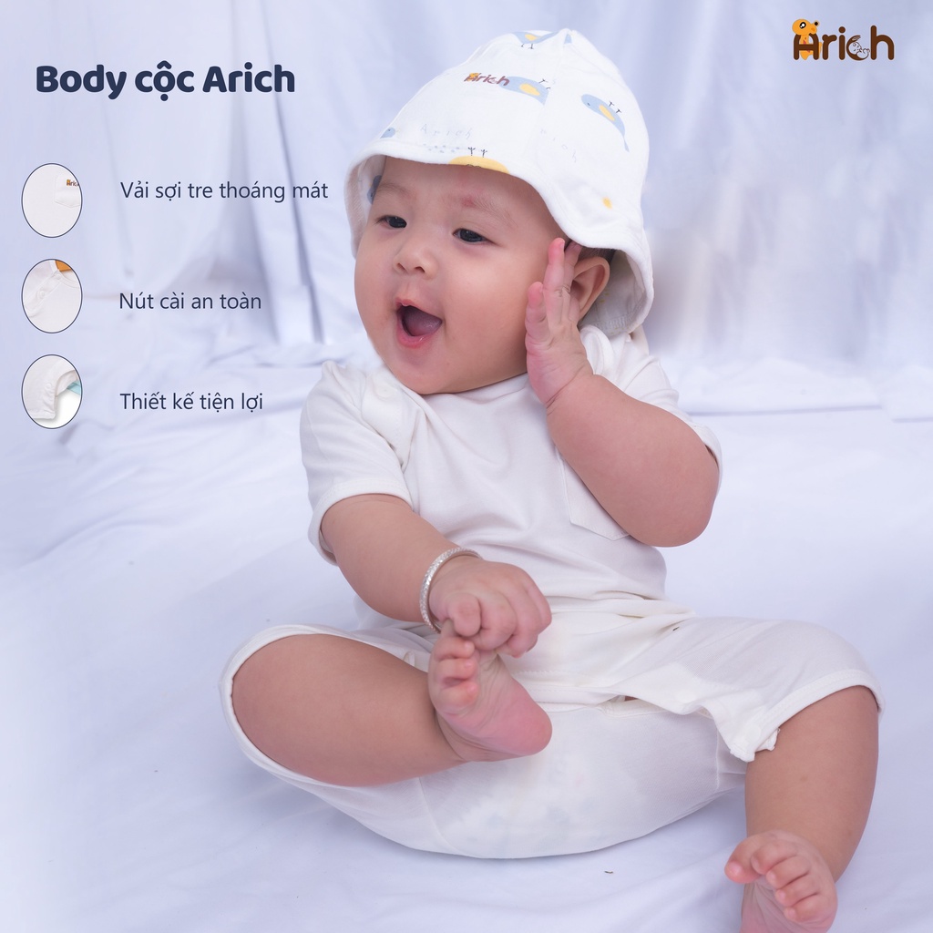 Bộ body cộc tay Arich vải sợi tre (lẻ size 0-3m và 6-9m)