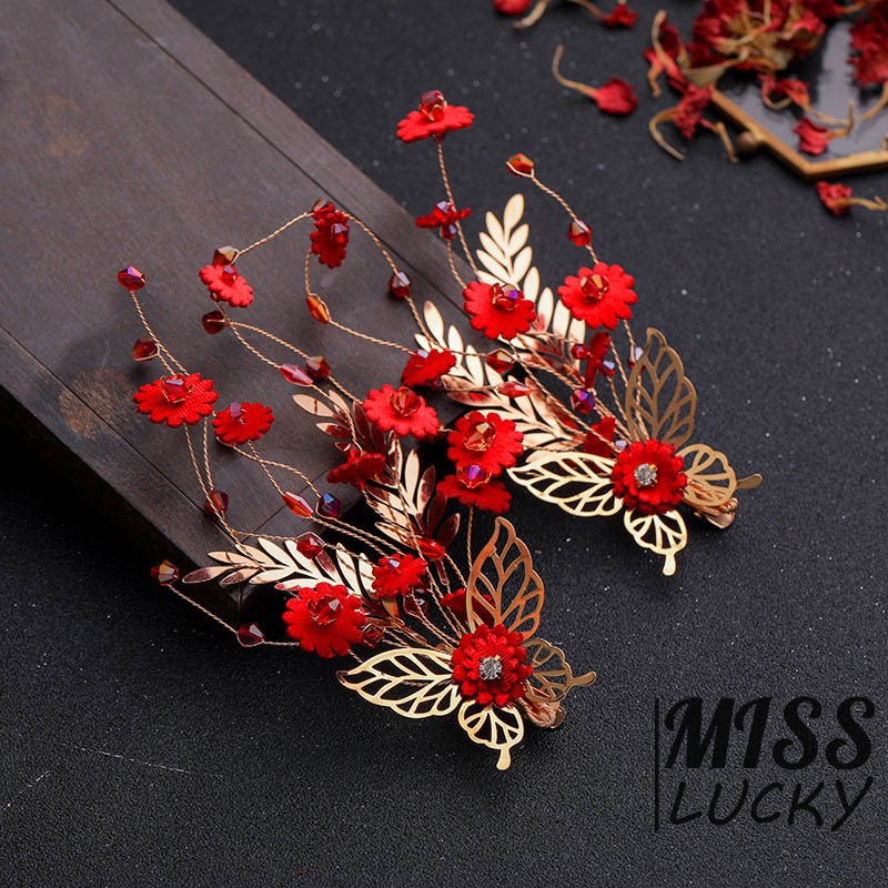 Cài tóc hình hoa màu đỏ đính ngọc trai cho nữ