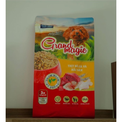 &lt; Túi 1KG &gt; Thức ăn cho Chó - Hạt Grand Magic Dạng viên vị thịt bò, gà và hải sản.