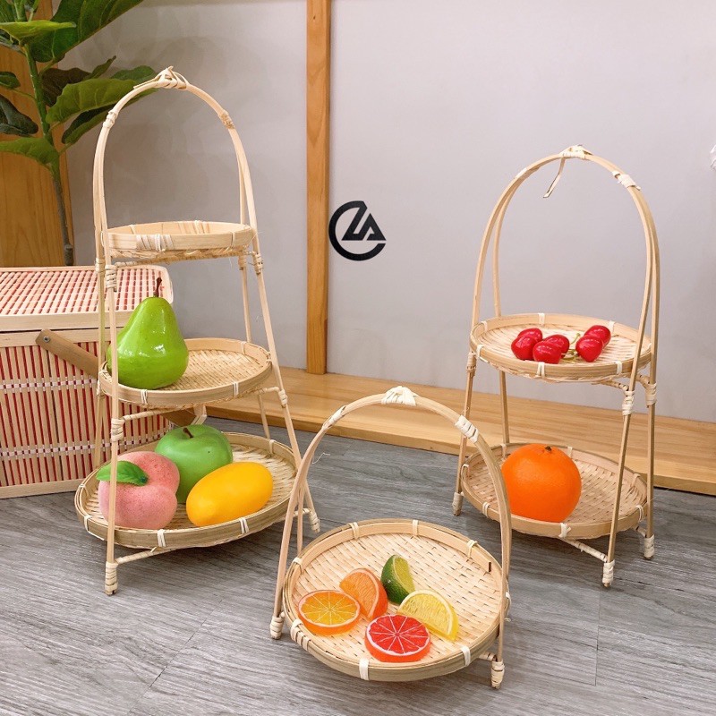Mẹt tre tầng đan thủ công, quang tầng trang trí phong cách dân gian