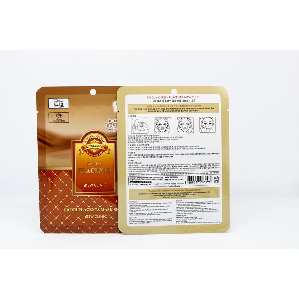 (GIÁ TỐT NHẤT) Combo 10 Mặt nạ tinh chất nhau thai cừu 3W CLINIC FRESH PLACENTA MASK SHEET 23g x 10