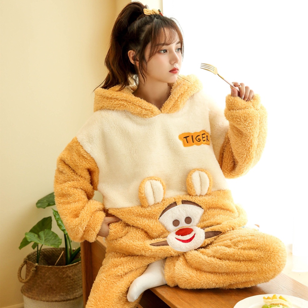 Bộ Ngủ Đôi Lông Cừu Mặc Ở Nhà Dài Tay Vải Lông Cừu 2 Mặt Mùa Đông Xuân Thu Dễ Thương Ảnh Thật